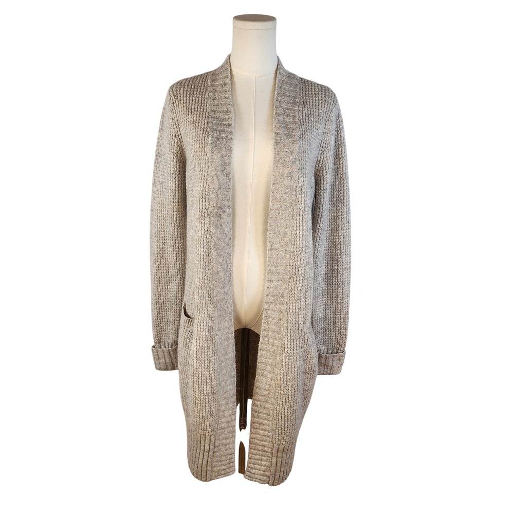 London Kaye Long Knit Cardigan Sweater Gray Ribbed Pockets Open Front M